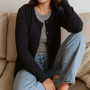 Eddie Bauer Women’s L Cable Knit Cardigan Sweater Black Button Up Cotton Capsule